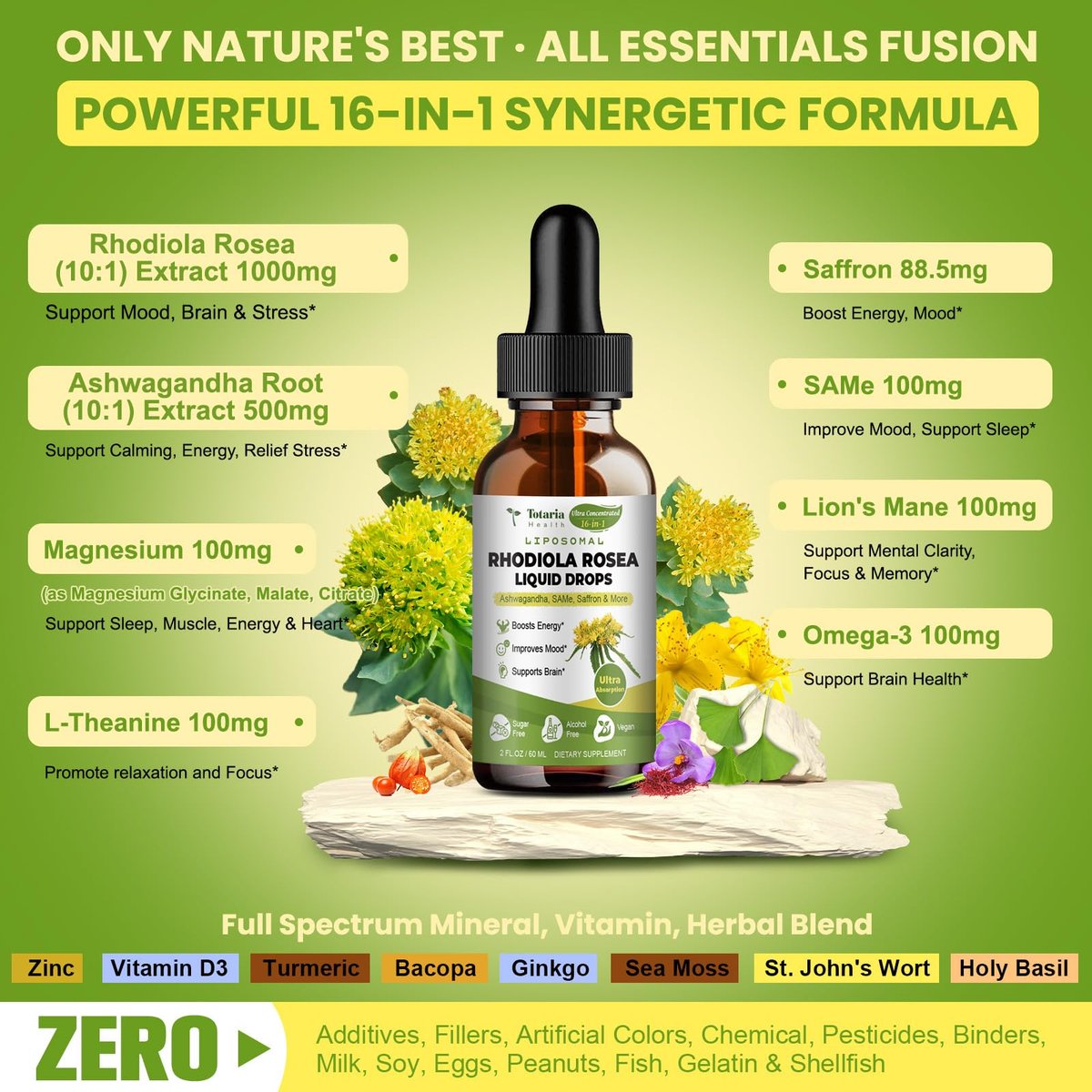 Totaria 16-in-1 Liposomales Rhodiola Rosea Präparat Tinktur 1000mg, Ultra-Stärke Rhodiola 10:1 Wurzelextrakt mit Ashwagandha, Rhodiola Flüssigtropfen für natürliche Entspannung, Stimmung, Energie, alkoholfrei