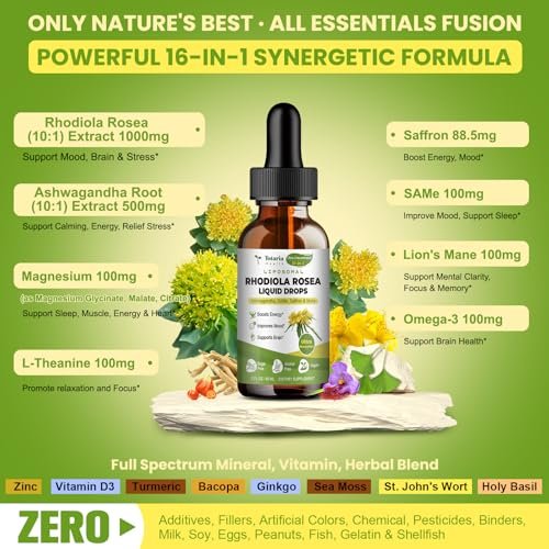 Totaria 16-in-1 Liposomales Rhodiola Rosea Präparat Tinktur 1000mg, Ultra-Stärke Rhodiola 10:1 Wurzelextrakt mit Ashwagandha, Rhodiola Flüssigtropfen für natürliche Entspannung, Stimmung, Energie, alkoholfrei