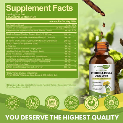 Totaria 16-in-1 Liposomales Rhodiola Rosea Präparat Tinktur 1000mg, Ultra-Stärke Rhodiola 10:1 Wurzelextrakt mit Ashwagandha, Rhodiola Flüssigtropfen für natürliche Entspannung, Stimmung, Energie, alkoholfrei
