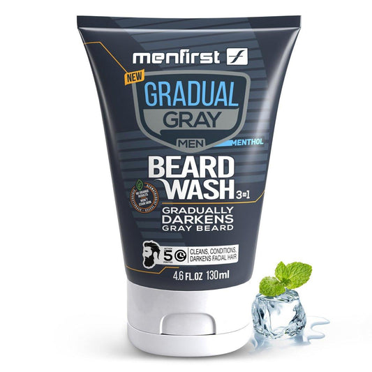 MENFIRST 3-in-1 Gradual Gray Beard Wash Shampoo für Männer – Grau reduzierende Bartfarbe für dunklere Töne – Hypoallergener, chemikalienfreier Bartreiniger – 136 ml