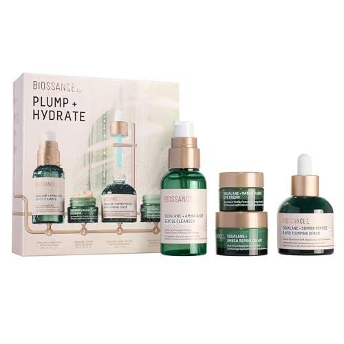 Biossance Plump & Hydrate Hautpflege-Set – Amino Aloe Sanfter Reinigungsschaum, Meeresalgen-Augencreme, Copper Peptide Rapid Plumping Serum & Omega-Feuchtigkeitscreme für langanhaltende Feuchtigkeit