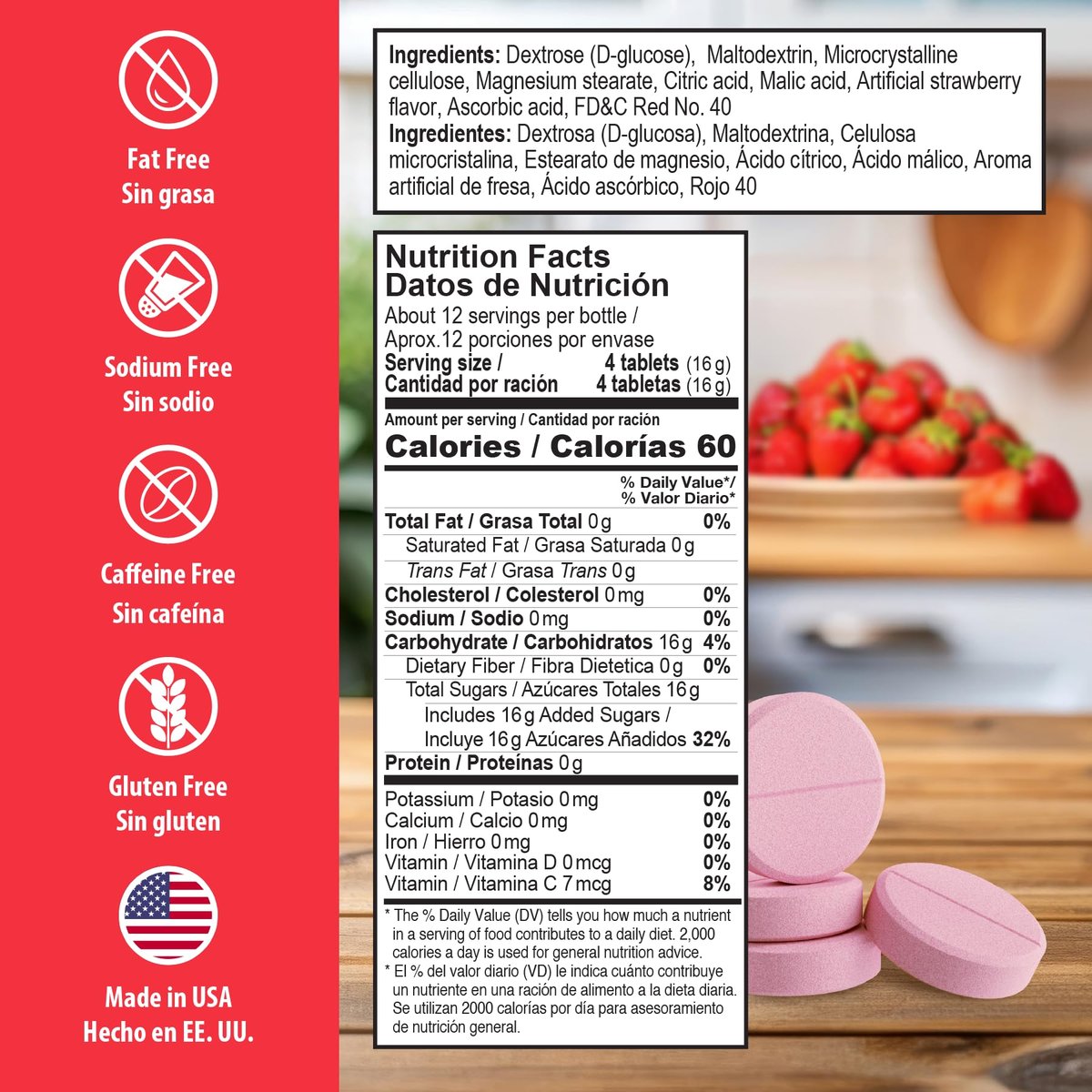 Dex4 Glukosetabletten, schnell wirkende Glucose, 4g vordosierte Glucose pro Tablette, fettfrei, glutenfrei, Erdbeere, 50 Tabletten