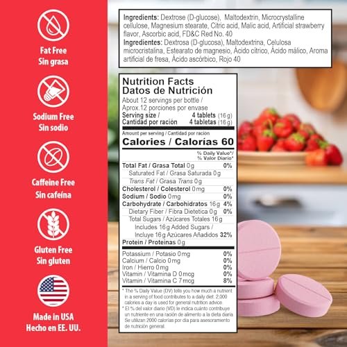 Dex4 Glukosetabletten, schnell wirkende Glucose, 4g vordosierte Glucose pro Tablette, fettfrei, glutenfrei, Erdbeere, 50 Tabletten