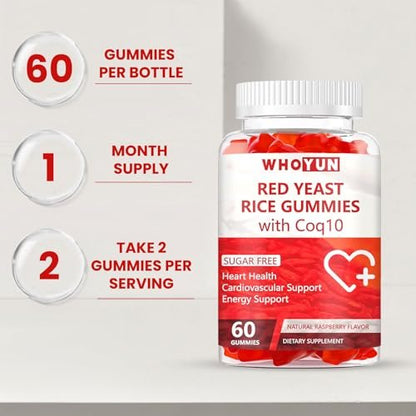 Whoyun Rote Hefe Reis mit Coq10 Gummies Zuckerfrei, Rote Hefe Reis Nahrungsergänzung