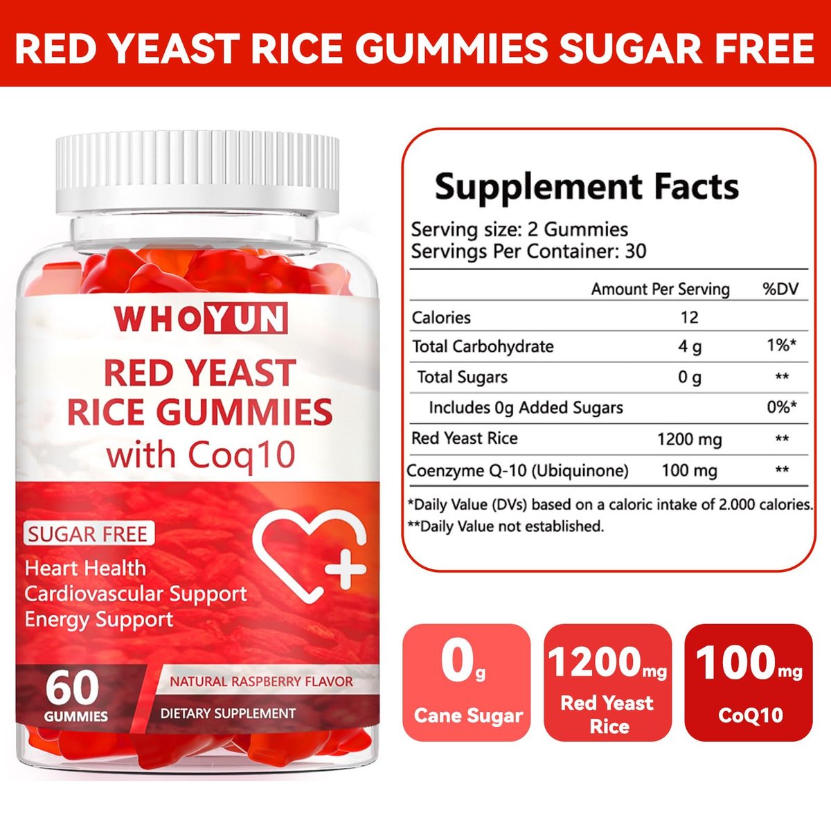 Whoyun Rote Hefe Reis mit Coq10 Gummies Zuckerfrei, Rote Hefe Reis Nahrungsergänzung