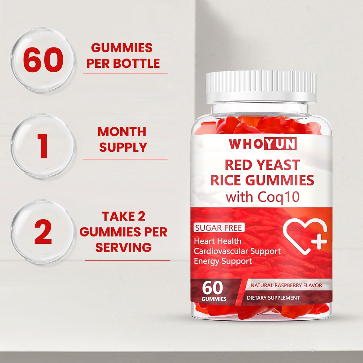 Whoyun Rote Hefe Reis mit Coq10 Gummies Zuckerfrei, Rote Hefe Reis Nahrungsergänzung