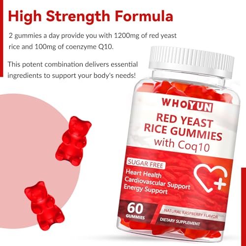 Whoyun Rote Hefe Reis mit Coq10 Gummies Zuckerfrei, Rote Hefe Reis Nahrungsergänzung