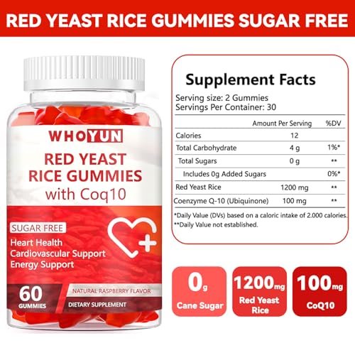 Whoyun Rote Hefe Reis mit Coq10 Gummies Zuckerfrei, Rote Hefe Reis Nahrungsergänzung