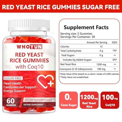 Whoyun Rote Hefe Reis mit Coq10 Gummies Zuckerfrei, Rote Hefe Reis Nahrungsergänzung