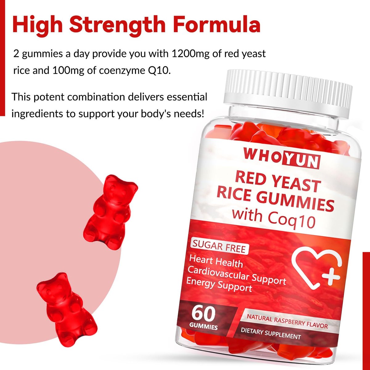 Whoyun Rote Hefe Reis mit Coq10 Gummies Zuckerfrei, Rote Hefe Reis Nahrungsergänzung