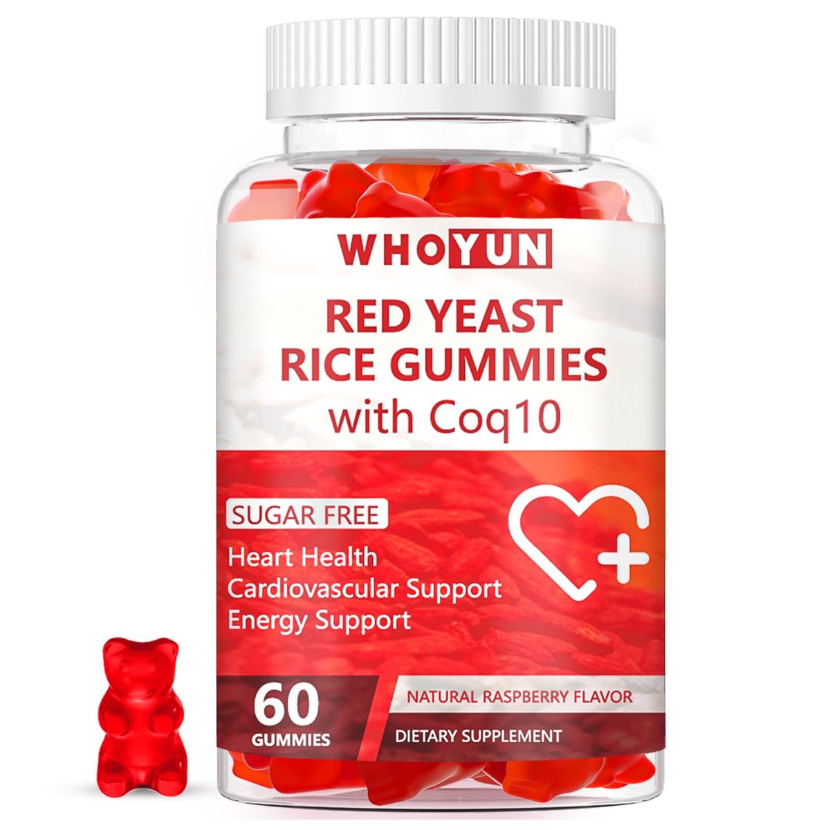 Whoyun Rote Hefe Reis mit Coq10 Gummies Zuckerfrei, Rote Hefe Reis Nahrungsergänzung