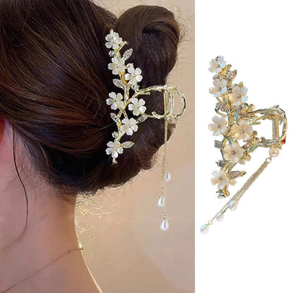 Jasminblüten Krallen-Clip für Frauen – Metall Haarklammer mit Strass, Perlen & Quaste – Blumige Haarklammern für dickes Haar