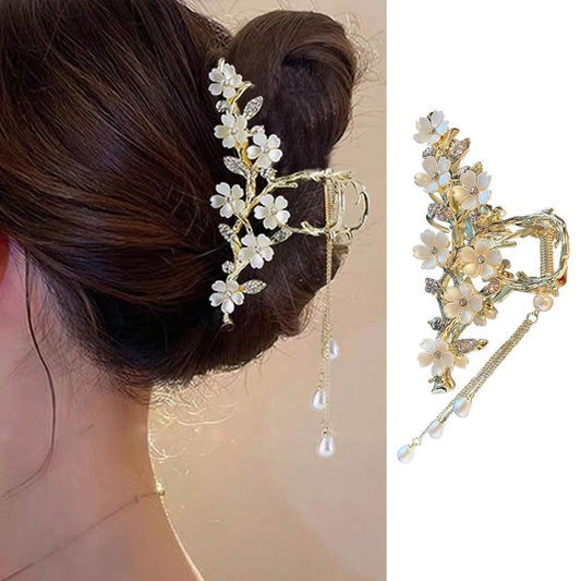 Jasminblüten Krallen-Clip für Frauen – Metall Haarklammer mit Strass, Perlen & Quaste – Blumige Haarklammern für dickes Haar