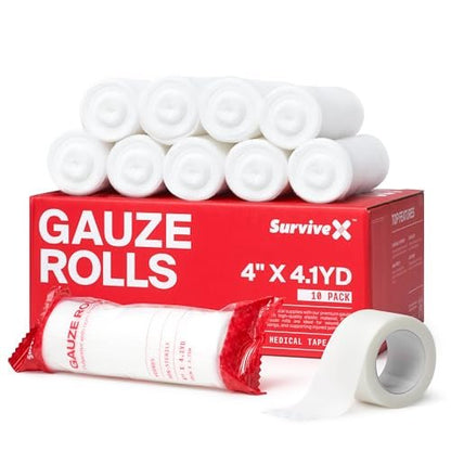 SurviveX 4 Zoll Stretch-Mullbinde – 10er-Pack, konformierende medizinische Bandage für Wundversorgung, Erste Hilfe und Verbandmaterial