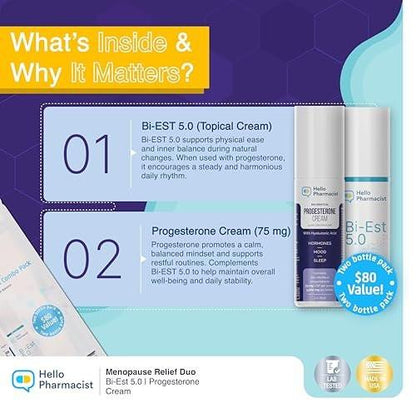 HelloPharmacist Biestro 5.0 Bioidentische Creme + Pro-g Relief Creme für Frauen | Von Apothekern entwickelte Marke | Topische Unterstützung für das feminine Wohlbefinden, hergestellt aus Yamswurzel für Balance & Wohlbefinden | 85 g + 85 g
