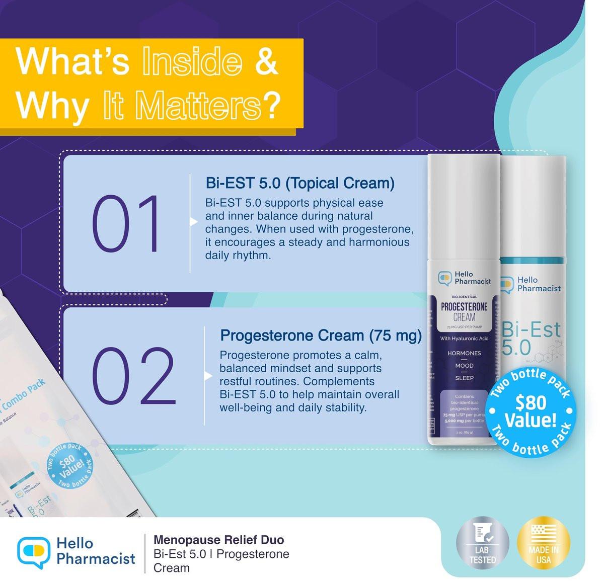 HelloPharmacist Biestro 5.0 Bioidentische Creme + Pro-g Relief Creme für Frauen | Von Apothekern entwickelte Marke | Topische Unterstützung für das feminine Wohlbefinden, hergestellt aus Yamswurzel für Balance & Wohlbefinden | 85 g + 85 g