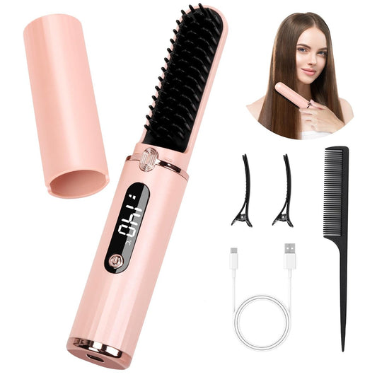 Kabelloser Haar Glätteisen Bürste, Tragbarer Hot Comb Haarglätter mit Negativ-Ionen, 6 Temperaturen, USB wiederaufladbar, Anti-Verbrühung, Auto-Off für Frauen