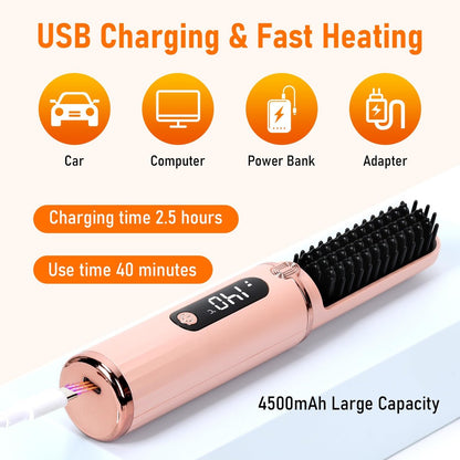 Kabelloser Haar Glätteisen Bürste, Tragbarer Hot Comb Haarglätter mit Negativ-Ionen, 6 Temperaturen, USB wiederaufladbar, Anti-Verbrühung, Auto-Off für Frauen