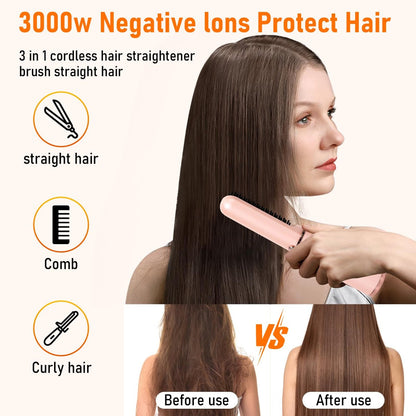 Kabelloser Haar Glätteisen Bürste, Tragbarer Hot Comb Haarglätter mit Negativ-Ionen, 6 Temperaturen, USB wiederaufladbar, Anti-Verbrühung, Auto-Off für Frauen