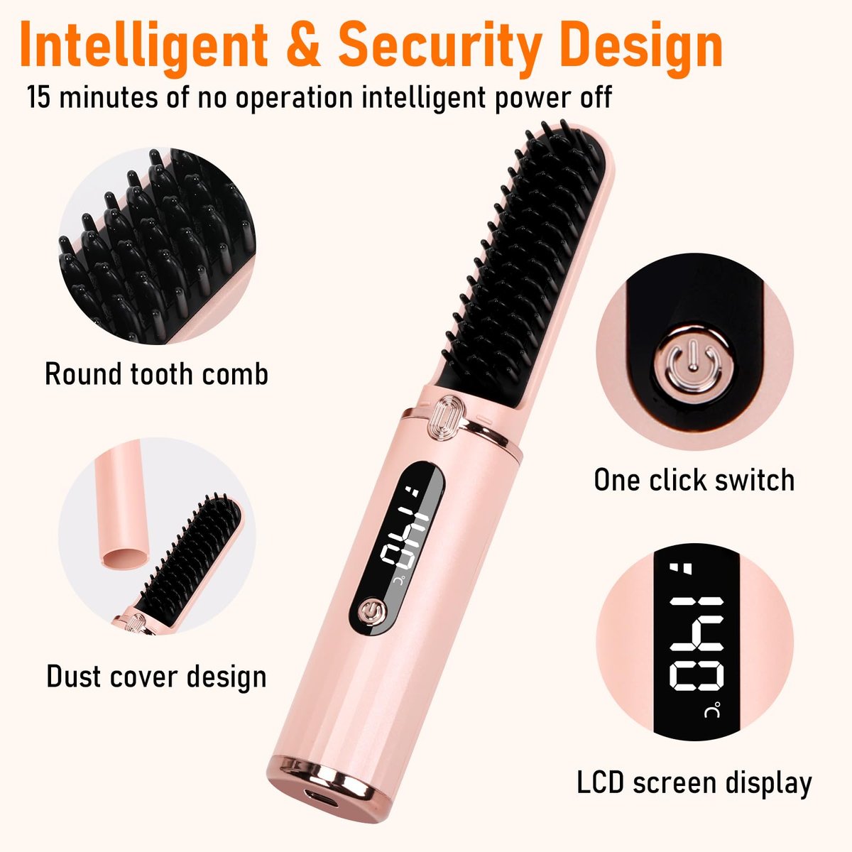 Kabelloser Haar Glätteisen Bürste, Tragbarer Hot Comb Haarglätter mit Negativ-Ionen, 6 Temperaturen, USB wiederaufladbar, Anti-Verbrühung, Auto-Off für Frauen