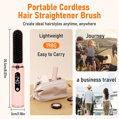Kabelloser Haar Glätteisen Bürste, Tragbarer Hot Comb Haarglätter mit Negativ-Ionen, 6 Temperaturen, USB wiederaufladbar, Anti-Verbrühung, Auto-Off für Frauen