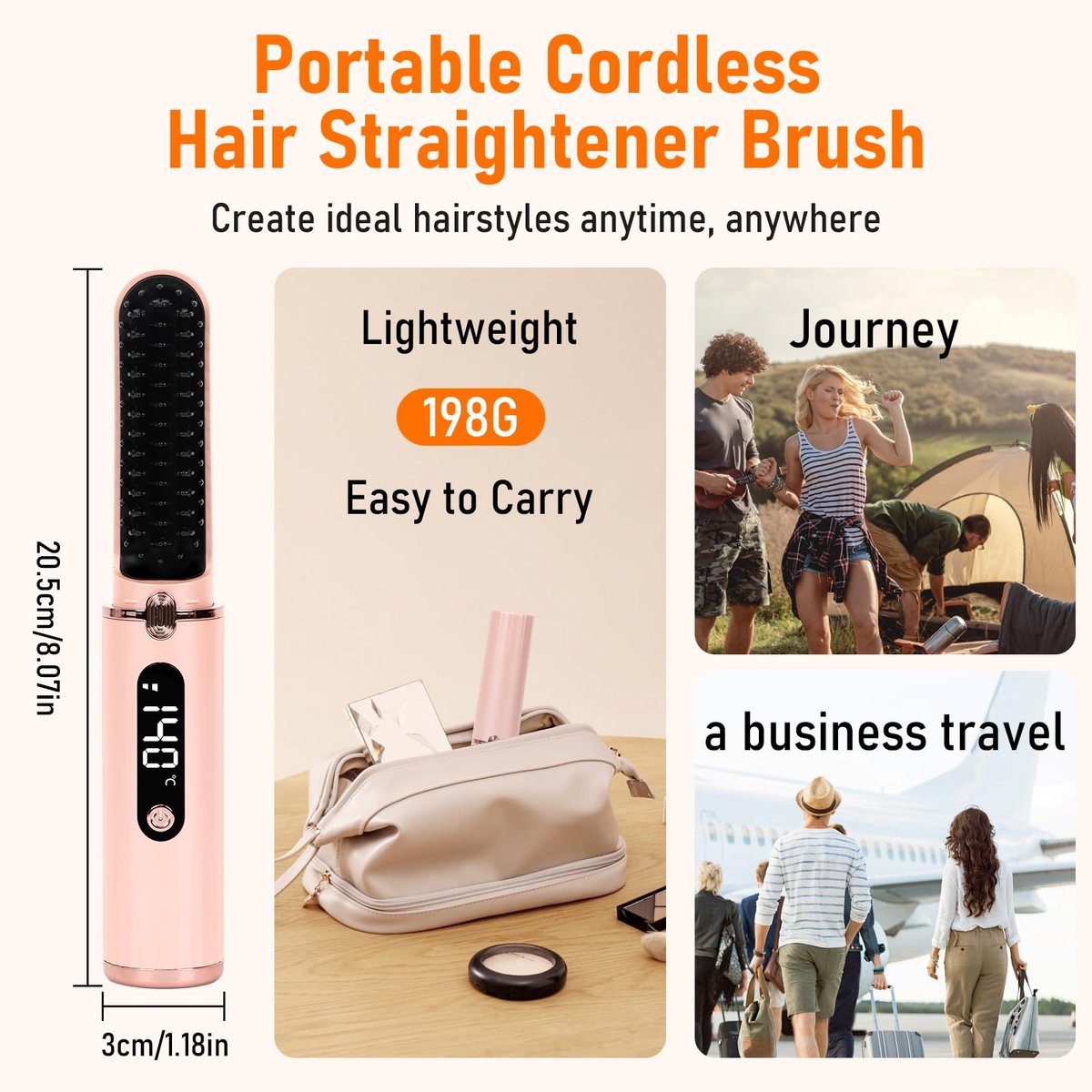 Kabelloser Haar Glätteisen Bürste, Tragbarer Hot Comb Haarglätter mit Negativ-Ionen, 6 Temperaturen, USB wiederaufladbar, Anti-Verbrühung, Auto-Off für Frauen