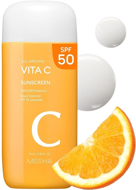 MISSHA All Around Vita C Sonnenschutz SPF 50 – Koreanischer Gesichtssonnenschutz mit Vitamin C für einen ebenmäßigen Teint, leicht, nicht klebrig, reguliert die Talgproduktion