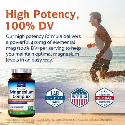 Innate Vitality 10-in-1 Magnesium Komplex 960 mg, 420 mg elementares Magnesium pro Portion, mit Magnesiumglycinat, Citrat, Malat und mehr, für Schlaf, Verdauung, Energie, 90 vegane Kapseln