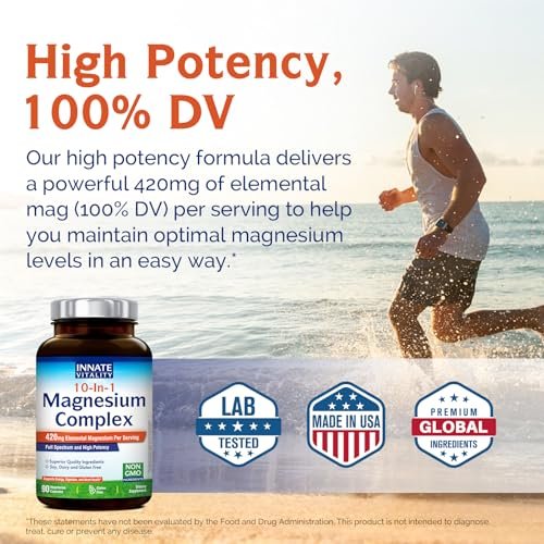 Innate Vitality 10-in-1 Magnesium Komplex 960 mg, 420 mg elementares Magnesium pro Portion, mit Magnesiumglycinat, Citrat, Malat und mehr, für Schlaf, Verdauung, Energie, 90 vegane Kapseln