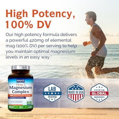 Innate Vitality 10-in-1 Magnesium Komplex 960 mg, 420 mg elementares Magnesium pro Portion, mit Magnesiumglycinat, Citrat, Malat und mehr, für Schlaf, Verdauung, Energie, 90 vegane Kapseln