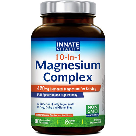 Innate Vitality 10-in-1 Magnesium Komplex 960 mg, 420 mg elementares Magnesium pro Portion, mit Magnesiumglycinat, Citrat, Malat und mehr, für Schlaf, Verdauung, Energie, 90 vegane Kapseln