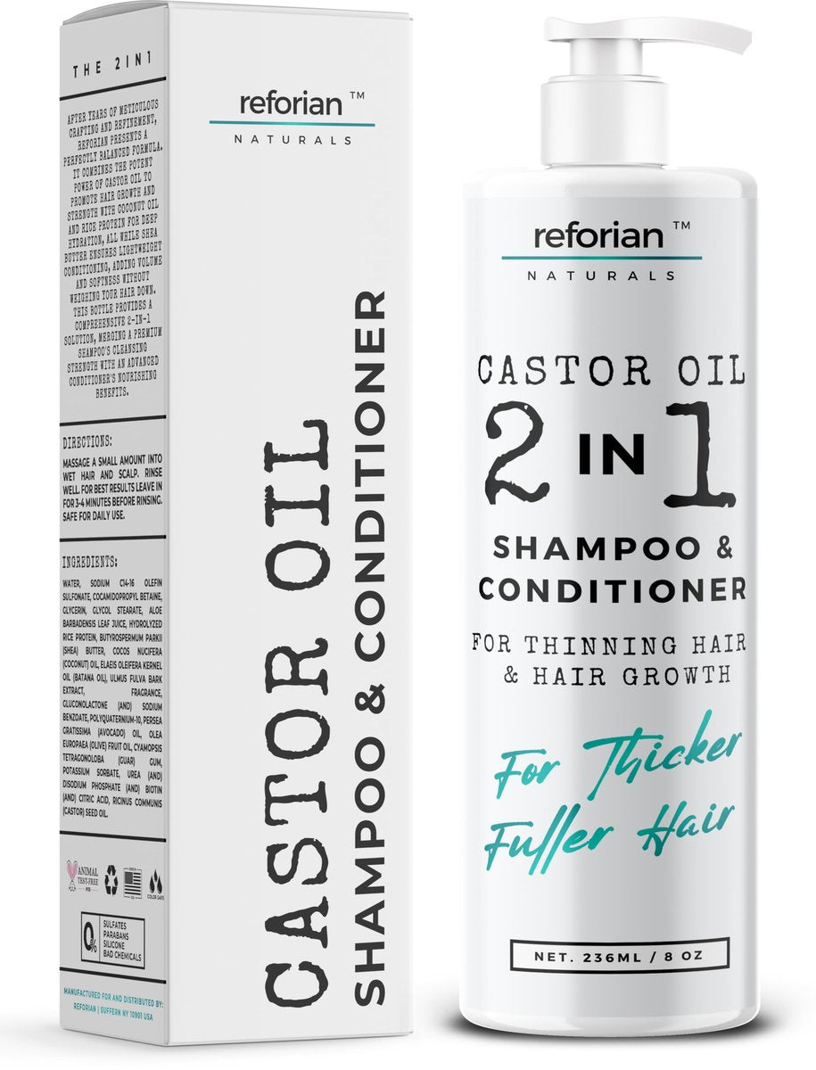 Reforian Rizinusöl Shampoo und Conditioner für Haarwachstum & Stärke – 2-in-1 Shampoo und Conditioner Set für Männer & Frauen – Sulfatfreie Formel für dünner werdendes, trockenes oder coloriertes Haar, 240 ml