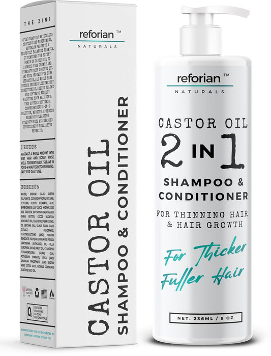 Reforian Rizinusöl Shampoo und Conditioner für Haarwachstum & Stärke – 2-in-1 Shampoo und Conditioner Set für Männer & Frauen – Sulfatfreie Formel für dünner werdendes, trockenes oder coloriertes Haar, 240 ml