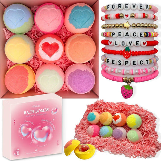 Badebomben für Kinder mit Überraschung im Inneren, 9 Herz-Aufdruck Badebomben für Mädchen, Kleinkind Badebombe mit Armbändern, Geschenke für 3 4 5 6 7 8 jährige Mädchen Geburtstag Weihnachten