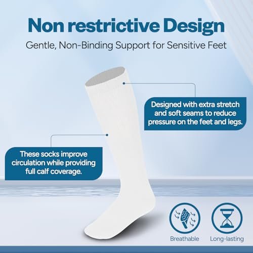 Debra Weitzner Diabetikersocken für Damen und Herren, Über-die-Wade-Kniestrümpfe aus Baumwolle, lockere Passform, 4 Paar, Weiß, Größe 9-11