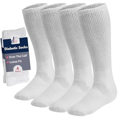 Debra Weitzner Diabetikersocken für Damen und Herren, Über-die-Wade-Kniestrümpfe aus Baumwolle, lockere Passform, 4 Paar, Weiß, Größe 9-11