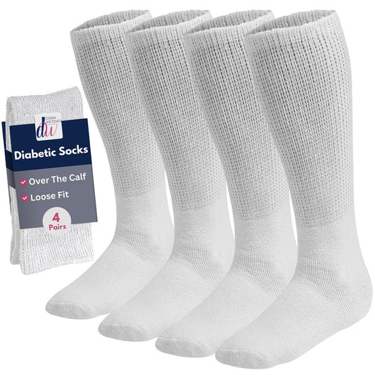 Debra Weitzner Diabetikersocken für Damen und Herren, Über-die-Wade-Kniestrümpfe aus Baumwolle, lockere Passform, 4 Paar, Weiß, Größe 9-11