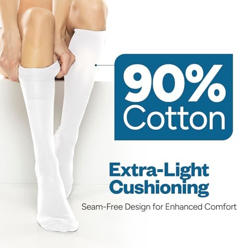 Debra Weitzner Diabetikersocken für Damen und Herren, Über-die-Wade-Kniestrümpfe aus Baumwolle, lockere Passform, 4 Paar, Weiß, Größe 9-11