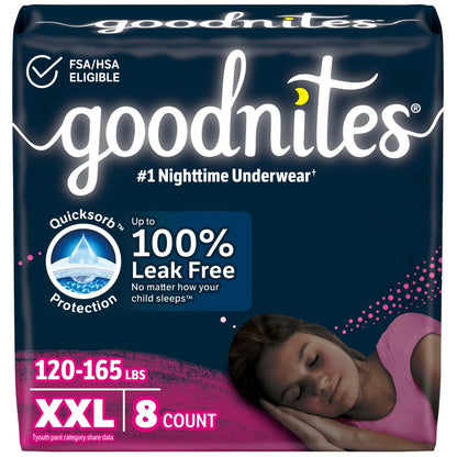 Goodnites Mädchen Nachtwindeln, Größe XXL (54-75 kg), 8 Stück, Verpackung kann variieren