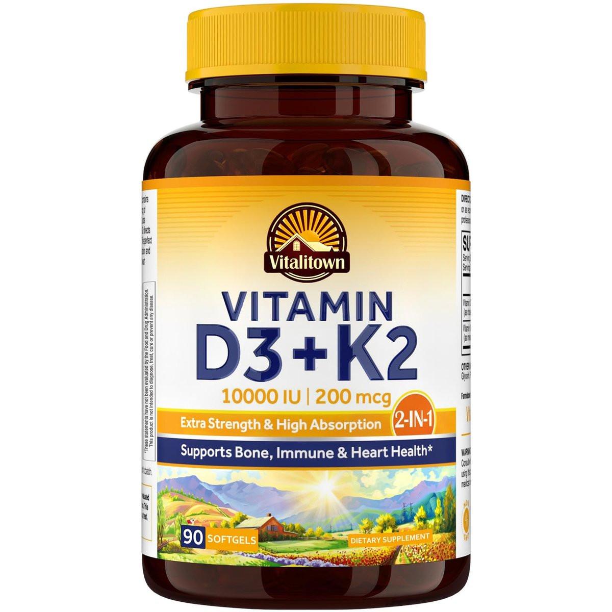Vitalitown Vitamin D3 K2 Kapseln, Vitamin D3 10000 IE + Vitamin K2 (MK7) 200 mcg, 90 Weichkapseln, Non-GMO, Ohne Gluten & Soja, Für Knochen, Zähne, Immunsystem & Herzgesundheit