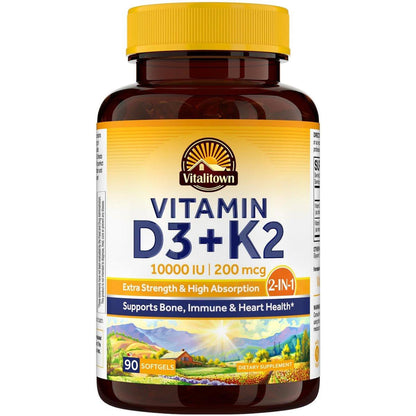 Vitalitown Vitamin D3 K2 Kapseln, Vitamin D3 10000 IE + Vitamin K2 (MK7) 200 mcg, 90 Weichkapseln, Non-GMO, Ohne Gluten & Soja, Für Knochen, Zähne, Immunsystem & Herzgesundheit