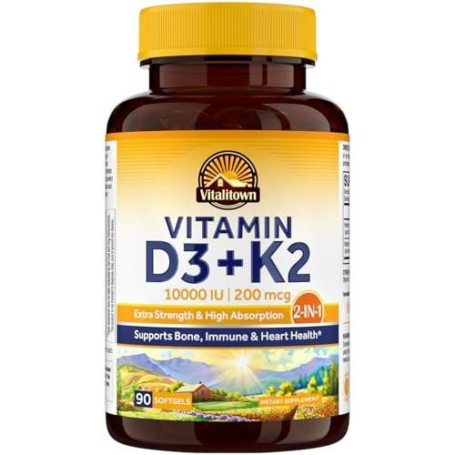 Vitalitown Vitamin D3 K2 Kapseln, Vitamin D3 10000 IE + Vitamin K2 (MK7) 200 mcg, 90 Weichkapseln, Non-GMO, Ohne Gluten & Soja, Für Knochen, Zähne, Immunsystem & Herzgesundheit