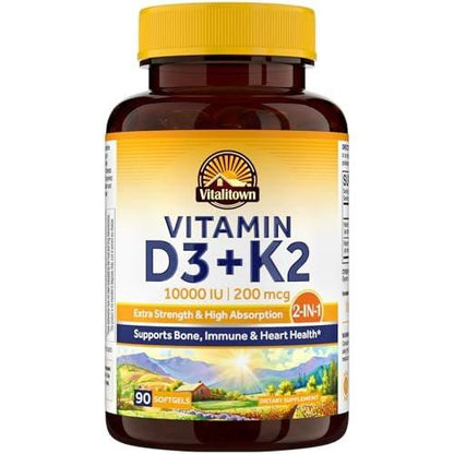 Vitalitown Vitamin D3 K2 Kapseln, Vitamin D3 10000 IE + Vitamin K2 (MK7) 200 mcg, 90 Weichkapseln, Non-GMO, Ohne Gluten & Soja, Für Knochen, Zähne, Immunsystem & Herzgesundheit