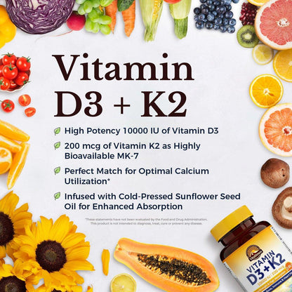 Vitalitown Vitamin D3 K2 Kapseln, Vitamin D3 10000 IE + Vitamin K2 (MK7) 200 mcg, 90 Weichkapseln, Non-GMO, Ohne Gluten & Soja, Für Knochen, Zähne, Immunsystem & Herzgesundheit