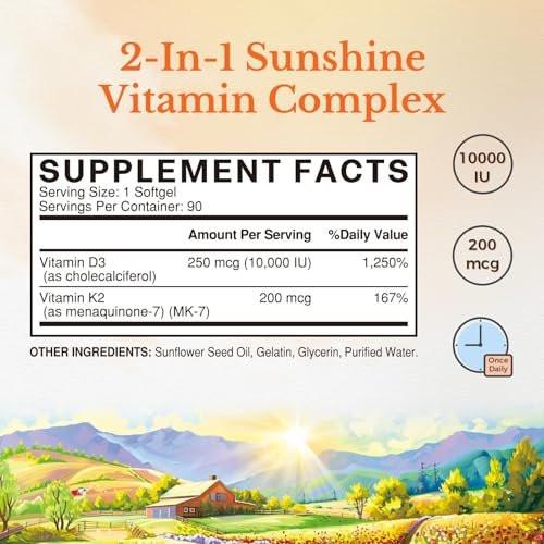 Vitalitown Vitamin D3 K2 Kapseln, Vitamin D3 10000 IE + Vitamin K2 (MK7) 200 mcg, 90 Weichkapseln, Non-GMO, Ohne Gluten & Soja, Für Knochen, Zähne, Immunsystem & Herzgesundheit