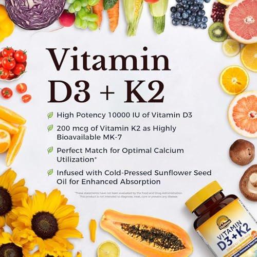 Vitalitown Vitamin D3 K2 Kapseln, Vitamin D3 10000 IE + Vitamin K2 (MK7) 200 mcg, 90 Weichkapseln, Non-GMO, Ohne Gluten & Soja, Für Knochen, Zähne, Immunsystem & Herzgesundheit