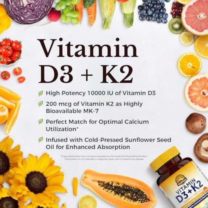Vitalitown Vitamin D3 K2 Kapseln, Vitamin D3 10000 IE + Vitamin K2 (MK7) 200 mcg, 90 Weichkapseln, Non-GMO, Ohne Gluten & Soja, Für Knochen, Zähne, Immunsystem & Herzgesundheit