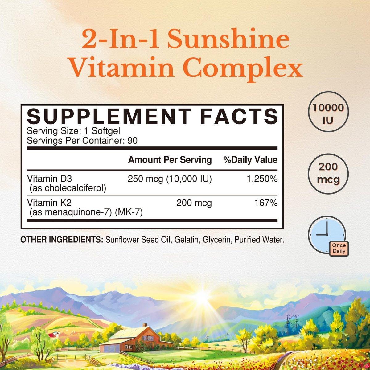 Vitalitown Vitamin D3 K2 Kapseln, Vitamin D3 10000 IE + Vitamin K2 (MK7) 200 mcg, 90 Weichkapseln, Non-GMO, Ohne Gluten & Soja, Für Knochen, Zähne, Immunsystem & Herzgesundheit