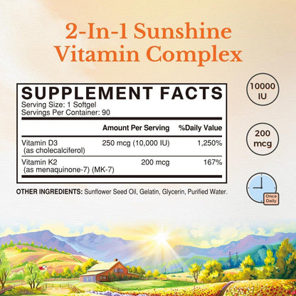 Vitalitown Vitamin D3 K2 Kapseln, Vitamin D3 10000 IE + Vitamin K2 (MK7) 200 mcg, 90 Weichkapseln, Non-GMO, Ohne Gluten & Soja, Für Knochen, Zähne, Immunsystem & Herzgesundheit