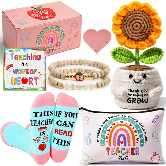 U-Goforst Lehrer-Geschenk-Set für Frauen – Dankeschön-Geschenk mit Kosmetiktasche, gehäkelter Sonnenblumen-Lesezeichen, Armband und Socken